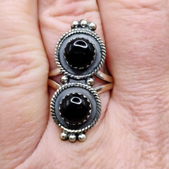 Native Southwest Style Double Stone Black Onyx Sterling Silver Ring Size 9 - Picture 2 of 6